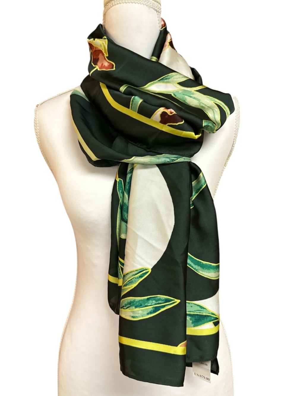 White House Black Market Autumn Leaves Spruce Oblong Botanical Silky Scarf NWT